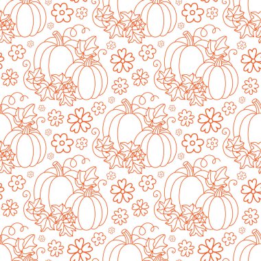 Balkabağı ve çiçeklerle kusursuz desen. Taslak çizim. Vektör illüstrasyonu.