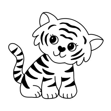 Şirin bir kaplan yavrusu oturuyor. Düz stil. Vektör illüstrasyonu.