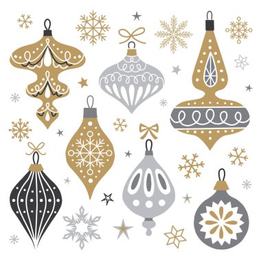 Kutlama kartları için yılbaşı ve yılbaşı ağacı topları. Tasarımınız için Noel dekoratif unsurları. Vektör illüstrasyonu.