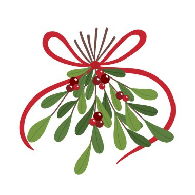 Beyaz arka planda izole edilmiş kırmızı yaylı ökse otu dallarının el çizimi çizimi. Noel kartları ve dekoratif amaçlar için.