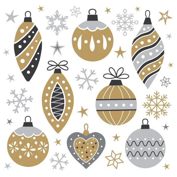 Kutlama kartları için yılbaşı ve yılbaşı ağacı topları. Tasarımınız için Noel dekoratif unsurları. Vektör illüstrasyonu.