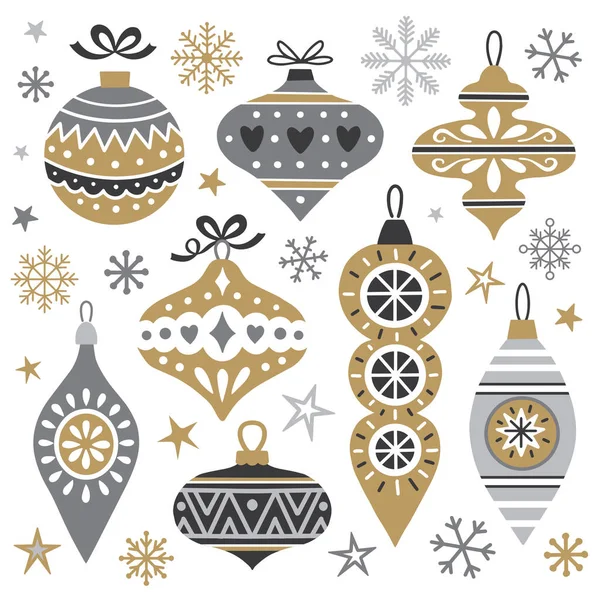 Kutlama kartları için yılbaşı ve yılbaşı ağacı topları. Tasarımınız için Noel dekoratif unsurları. Vektör illüstrasyonu.