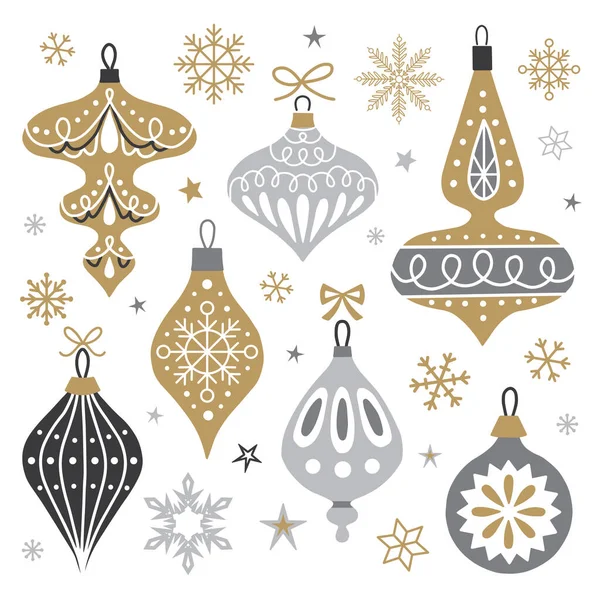 Kutlama kartları için yılbaşı ve yılbaşı ağacı topları. Tasarımınız için Noel dekoratif unsurları. Vektör illüstrasyonu.