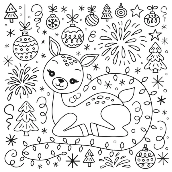 Розмальовки Олені Різдвяні Елементи Малюнок Контурного Малюнка Стилю Doodle Векторні — стоковий вектор