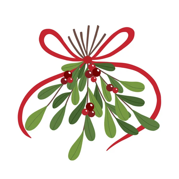 Beyaz arka planda izole edilmiş kırmızı yaylı ökse otu dallarının el çizimi çizimi. Noel kartları ve dekoratif amaçlar için.