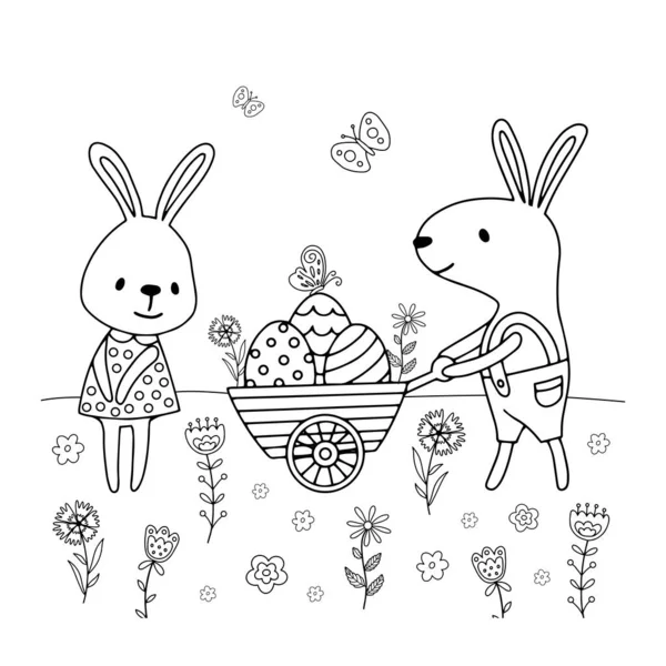 Coloring Page Easter Bunnies Eggs Outline Drawing Vector Illustration — Image vectorielle