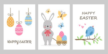 Üç tane Paskalya kartı. Tavşan ve Paskalya yumurtası. Tebrik kartı, davetiye, poster ve broşür için..