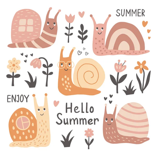 Salyangoz ve çiçeklerle dolu yaz seti. Düz stil. Vektör illüstrasyonu.