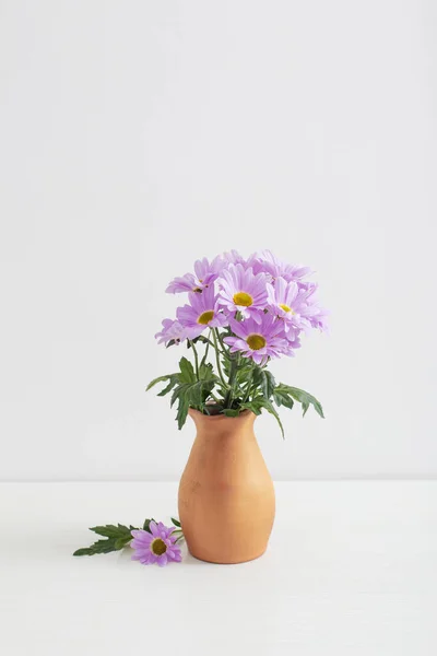 Crisântemos Flores Vaso Cerâmico Sobre Fundo Branco — Fotografia de Stock