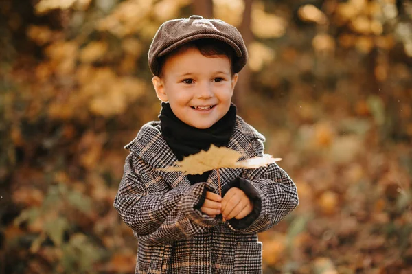 Un bambino felice tiene in mano una foglia d'acero gialla nella stagione autunnale nel parco. — Foto Stock