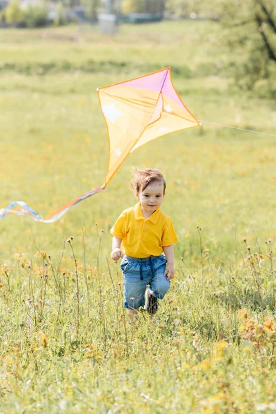 Feliz chico corre al aire libre con una cometa —  Fotos de Stock