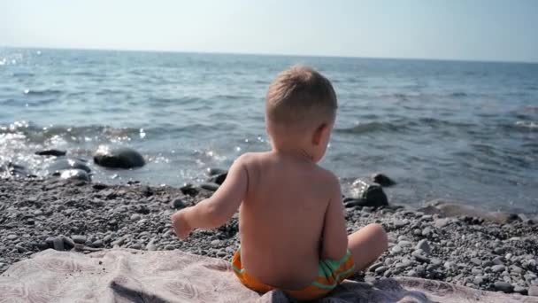 เด็กชายนั่งอยู่กับหลังของเขาไปที่กล้องและโยนก้อนหินเล็ก ๆ ลงไปในทะเล วันหยุดพักผ่อนบนชายหาดกับทั้งครอบครัว . — วีดีโอสต็อก