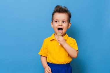 Çekici bir çocuk mavi arka planda lolipop tutarken kameraya bakar. Çocukluk kariyerlerinin önlenmesi