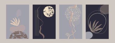  Şablon. Doğal elementler, çiçekler ve yapraklar. Doku duvarı sanat vektörü ayarlandı. Yazdırma için soyut şekil ve şablona sahip tasarım, kapaklar. Minimalizm. Vektör illüstrasyonu