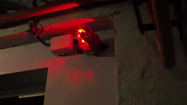 Poplašný systém v bunkru. na dveřích rudá hořící siréna. v rozích místnosti se točí červená světla — Stock video