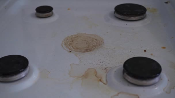 Dirty white gas stove. the cleaning agent is poured. homework. close-up — Stock Video