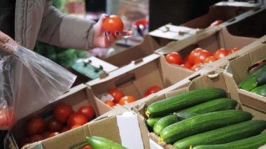 Ürünlerle dolu bir vitrin. Bir kadın domatesi poşete koyar. süpermarket, perakende