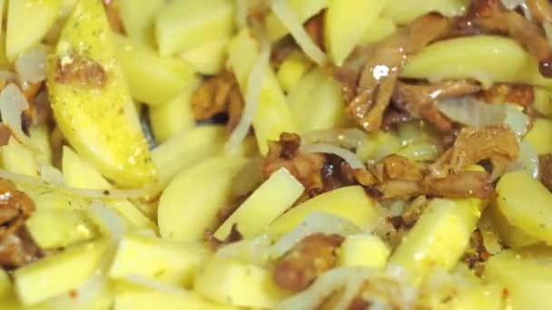 Houby a brambory se smaží na pánvi. míchá se dřevěnou špachtlí. vaření — Stock video