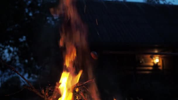 Kolbászt sütök a tábortűz tüzén. piknik a kertben. kolbász pálcikán — Stock videók