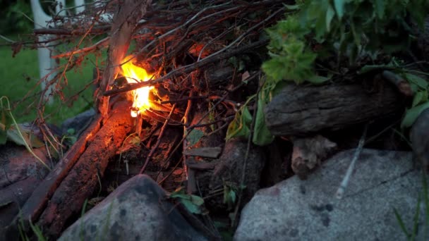 Ruka člověka rozdělá oheň tím, že položí větve na oheň — Stock video