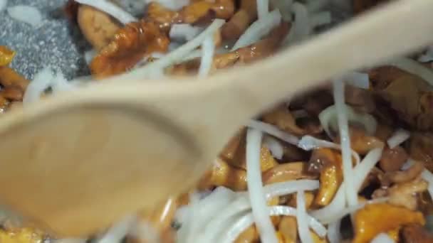 Κρεμμύδια με chanterelles τηγανίζονται σε ένα τηγάνι. ανάδευση με ξύλινη σπάτουλα. μαγείρεμα — Αρχείο Βίντεο