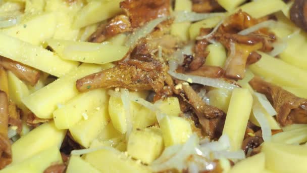 キノコとジャガイモはフライパンで揚げてあります。スパイスを加えて。木のへらでかき混ぜて。料理 — ストック動画