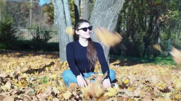 Una joven está sentada sobre una alfombra de hojas. las hojas están volando hacia ella. posando para una sesión de fotos — Vídeo de stock