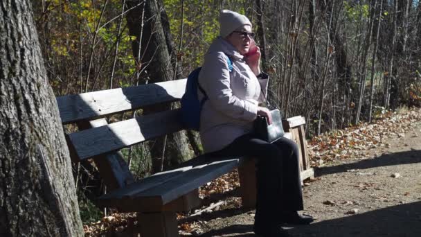 Egy idős nő ül egy padon a parkban, és telefonon beszél egy ügyben. Ősz a parkban. Kabátot, kalapot és napszemüveget visel. egy táskával a kezében. — Stock videók