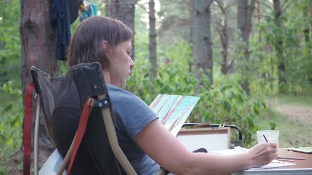 キャンプチェアに座っている若い女性が針葉樹林の中で絵を描き — ストック動画