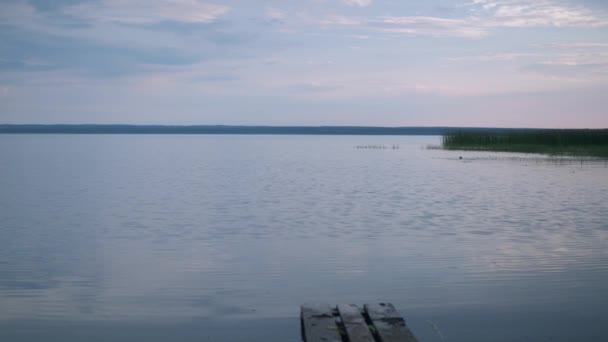 Озерний спокій. маленька хвиля на воді. м'яке світло від заходу сонця. красиві місця планети — стокове відео