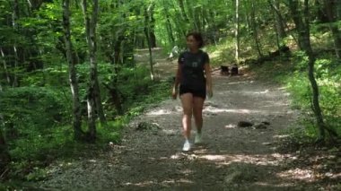 Bir kadın ormanda taşların üzerinde yürür. Yoğun yeşil orman. Seyahat. turistler