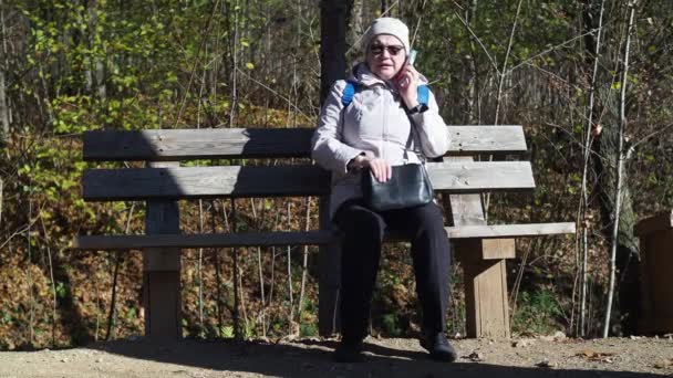 An elderly woman is sitting on a park bench and talking on the phone. autumn in the park. she is wearing a jacket, a hat and sunglasses — Vídeo de stock
