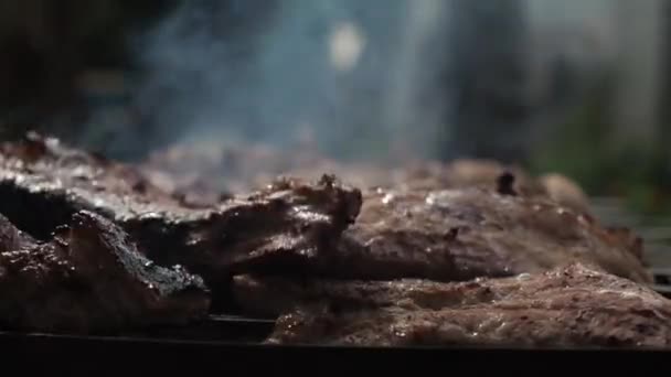 烤架上的浓烟中的一大块肉。男人的手把肉翻过来 — 图库视频影像