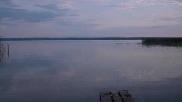 Spokój nad jeziorem. mała fala na wodzie. miękkie światło zachodzącego słońca odbija się w wodzie. piękne miejsca na planecie — Wideo stockowe