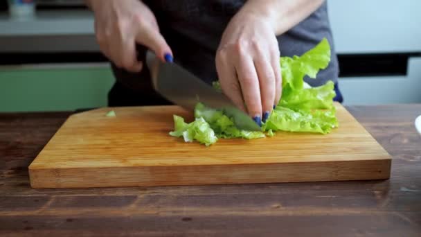 Rebanando una ensalada verde en primer plano. las manos femeninas cortan hortalizas con el cuchillo. preparación de ensalada griega — Vídeo de stock