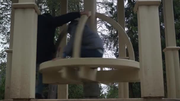 Une balançoire. père et fils tournent sur une balançoire dans le parc. vacances en famille — Video