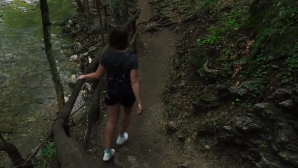 Жінка йде стежкою в лісі біля річки. щільний зелений ліс. подорожувати. туристів — стокове відео
