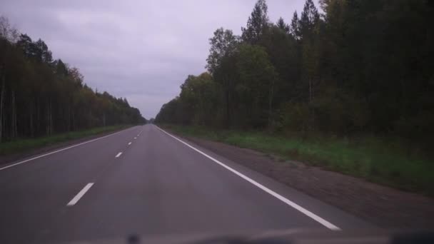秋天森林里的一条路。从车上看到的。开车旅行。从驾驶座开枪射击 — 图库视频影像