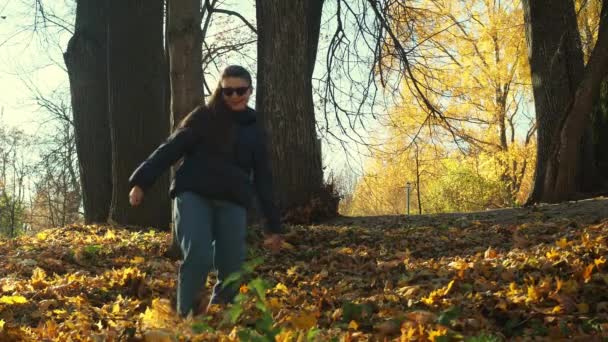 En flicka sparkar fallna löv i parken. Sen sprang han iväg och såg tillbaka på kameran. höstparken. ett frenetiskt humör — Stockvideo