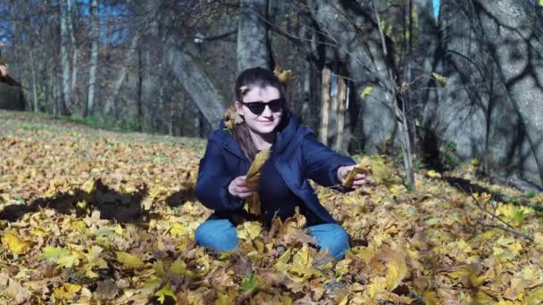 暗い眼鏡の若い女性が葉のカーペットの上に座っています。黄色い葉が上に投げられ写真撮影のポーズをとって — ストック動画