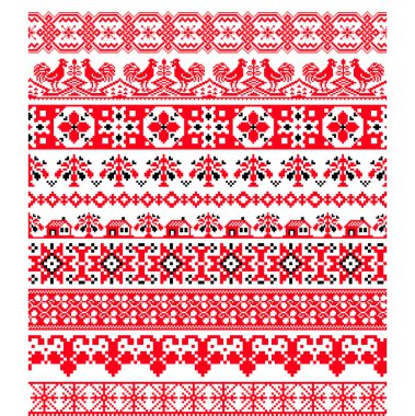 Pikselleştirilmiş desenli Vyshyvanka Geleneksel Ukrayna Desensiz Slav süsü ve nakış