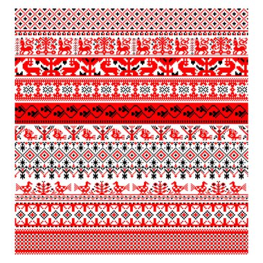 Pikselleştirilmiş desenli Vyshyvanka Geleneksel Ukrayna Desensiz Slav süsü ve nakış