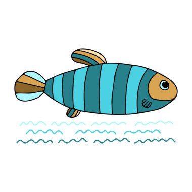 Düz stil dekoratif balık, beyaz vektör çizimine izole edilmiş sualtı tasarımı için renklendirilmiş modern basit balık.