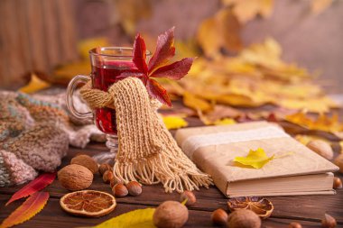 Sonbahar, sonbahar yaprakları, bir bardak sıcak şarap ahşap masa zemininde sıcak bir eşarba sarılmış, fotokopi alanı. Mevsimlik bir içki, rahatlatıcı bir pazar ve sıcaklık ve rahatlık kavramı..