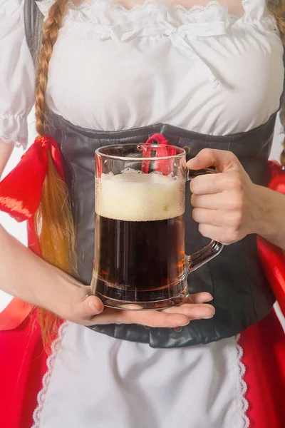 Mug Dark Beer Close Hands Girl German Costume Concept Oktoberfest — Zdjęcie stockowe