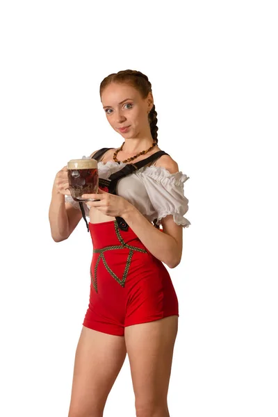 Sexy Oktoberfest Waitress Dressed Traditional Bavarian Shorts Serving Big Mug — Stock Photo, Image