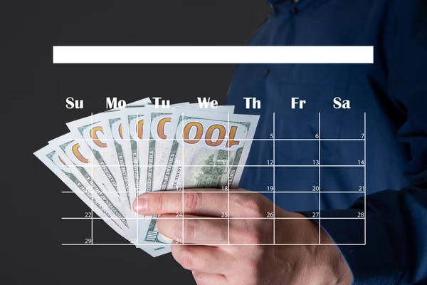 Dinero Manos Hombre Negocios Calendario Como Icono Concepto Salario Bonificación —  Fotos de Stock