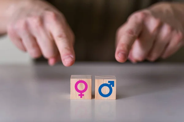 A choice between a man and a woman. the hands point to two wooden cubes with a gender icon, a male and a female sign. Choosing a woman or a man for a leadership position