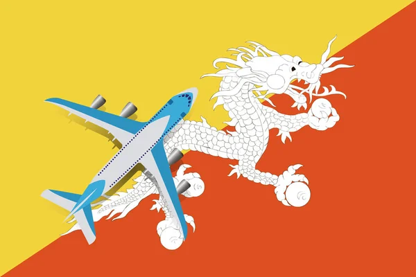 План Прапор Бхутана Концепція Подорожі Дизайну Літак Летить Над Прапором — стоковий вектор