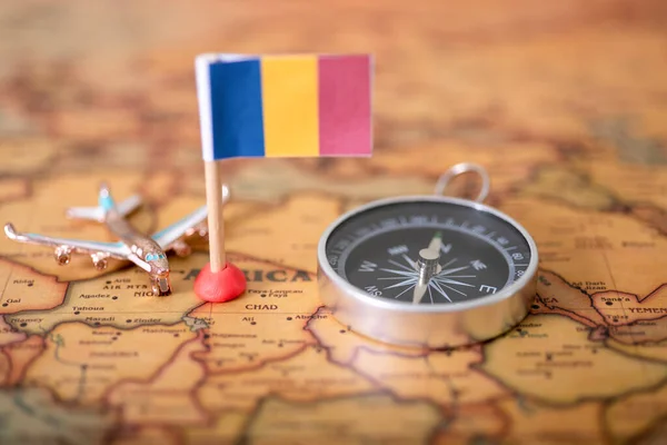 Flag Romania Compass Airplane World Map Concept Travel Tourism — стоковое фото